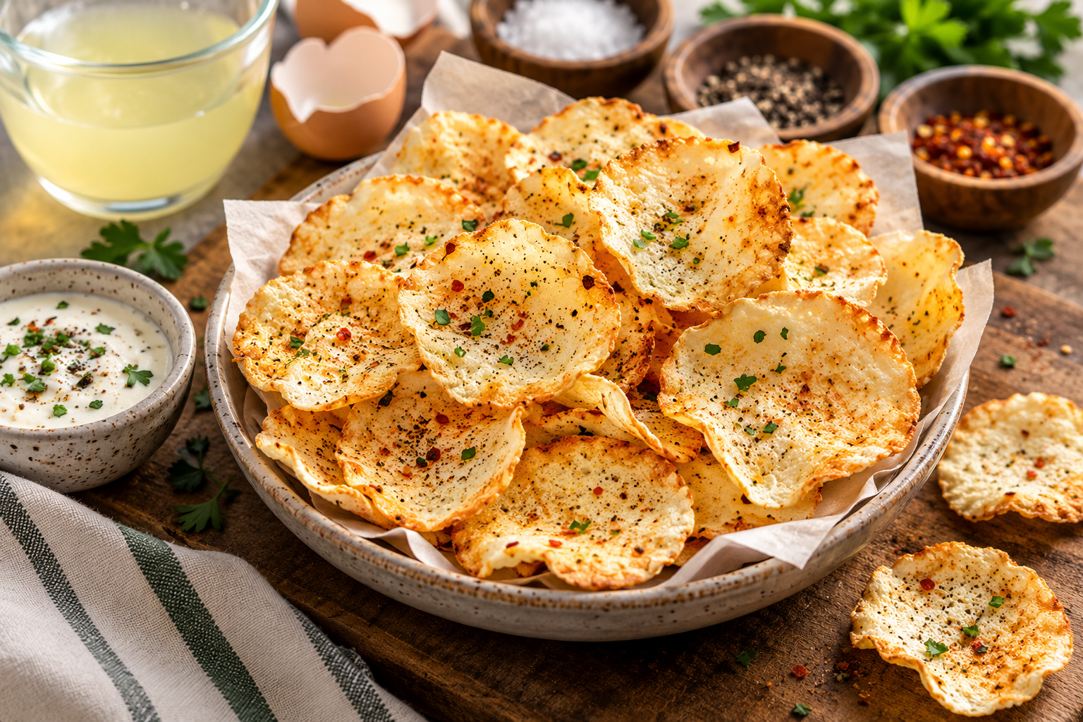 Easy crispy egg white chips seasoned with herbs, black pepper, and chili flakes, served with a creamy dip.