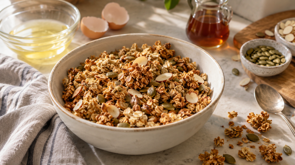 Crunchy egg white granola with oats, almonds and pumpkin seeds