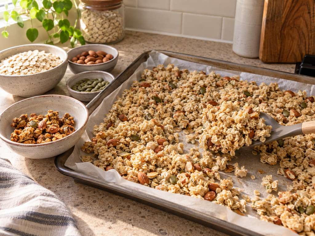 Soft egg white granola on a baking sheet showing why it may not turn crunchy