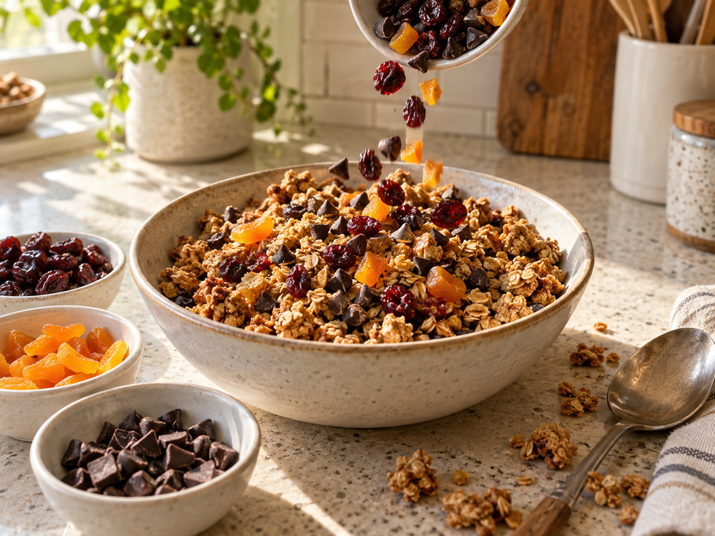 Dried fruit and chocolate chips being added to cooled egg white granola