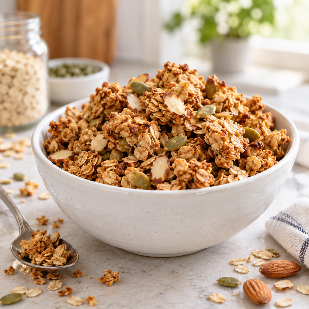 Crunchy egg white granola with oats, almonds, and pumpkin seeds in a white bowl
