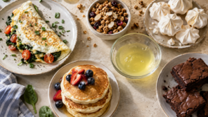 Leftover egg white recipes including omelet, pancakes, granola, meringues, and brownies.