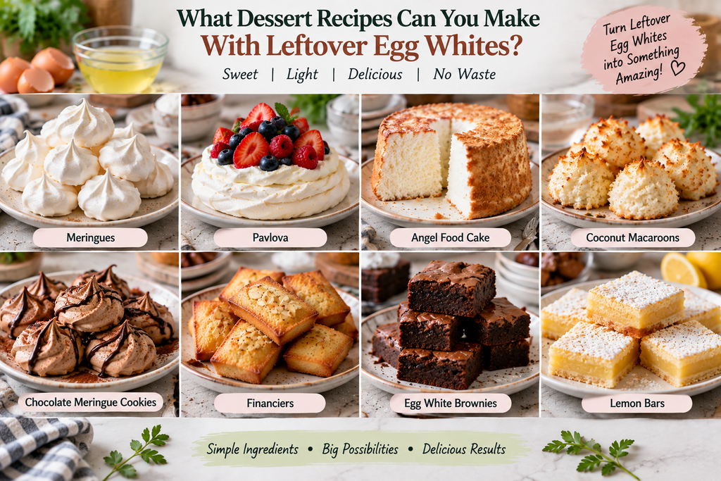 Dessert recipes with leftover egg whites including meringues, pavlova, angel food cake, coconut macaroons, financiers, brownies, and lemon bars.