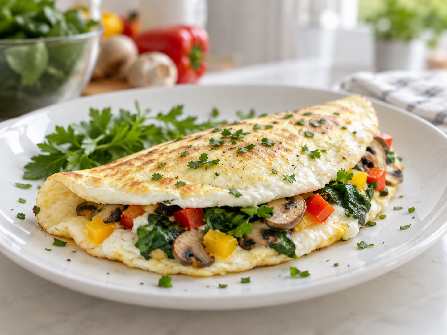 Quick leftover egg white veggie omelet filled with spinach, mushrooms, red and yellow bell peppers, and fresh herbs.