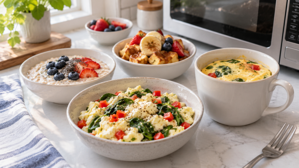 Microwave egg white recipes with scrambled egg whites, oatmeal, French toast, and a mug omelet beside a microwave.