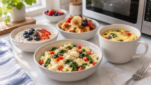 Microwave egg white recipes with scrambled egg whites, oatmeal, French toast, and a mug omelet beside a microwave.