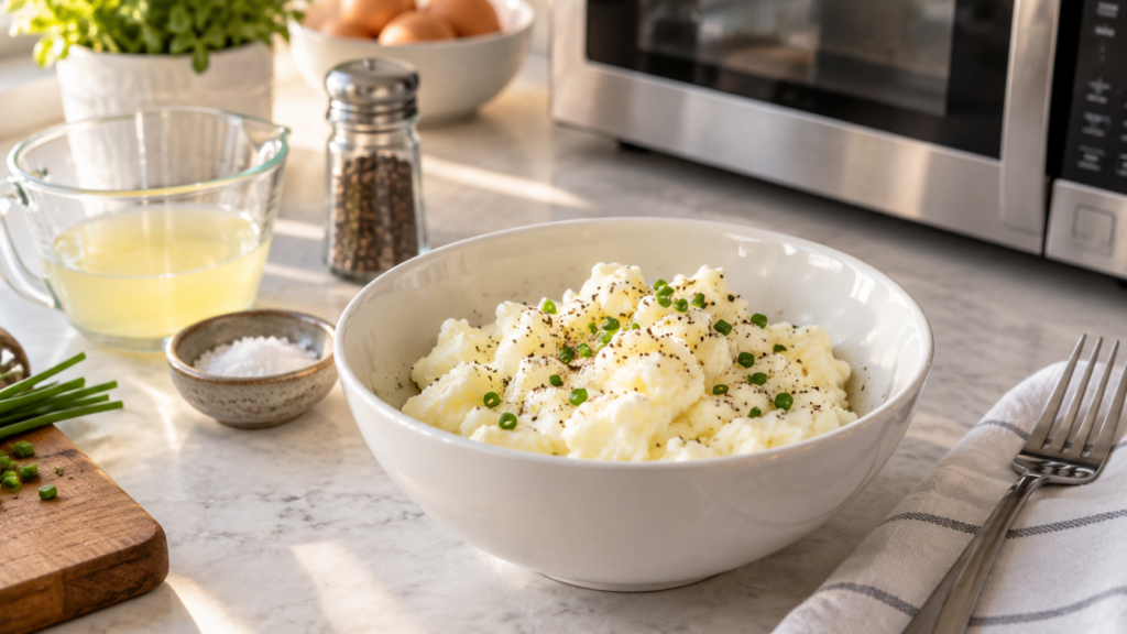 Easy microwave egg whites for beginners with fluffy egg whites, salt, pepper, chives, and liquid egg whites beside a microwave.