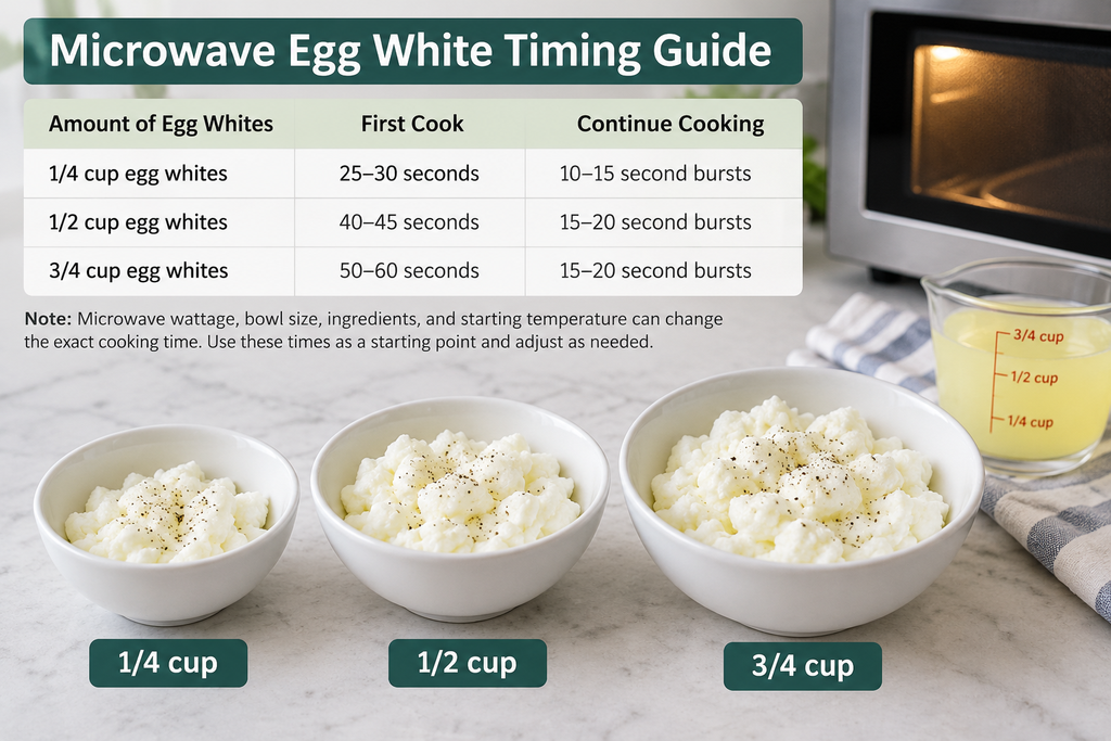 Microwave egg white timing guide showing cooking times for 1/4, 1/2, and 3/4 cup portions.