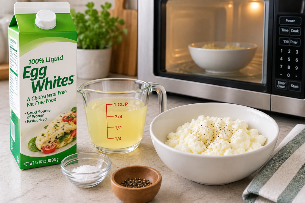 Carton egg whites beside a measuring cup and bowl of cooked egg whites with a microwave in the background.
