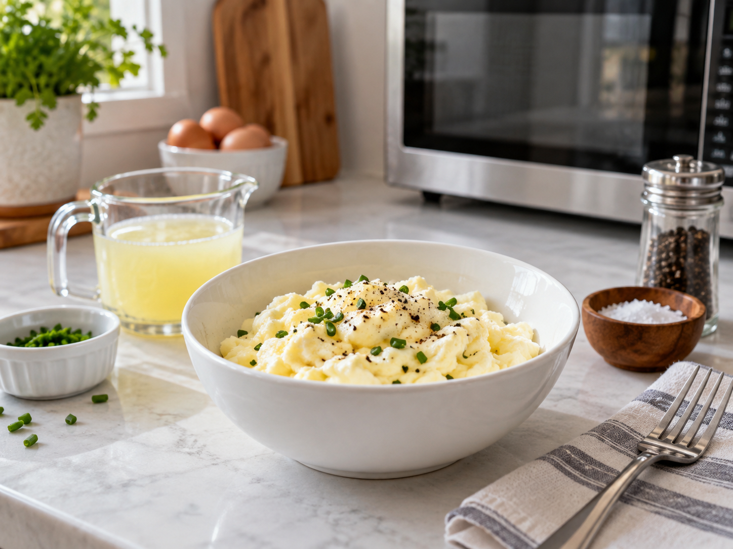 Easy microwave egg whites with salt, pepper, and chives