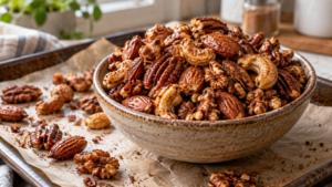 Crispy spiced mixed nuts coated with egg white, cinnamon, and warm spices in a ceramic bowl.