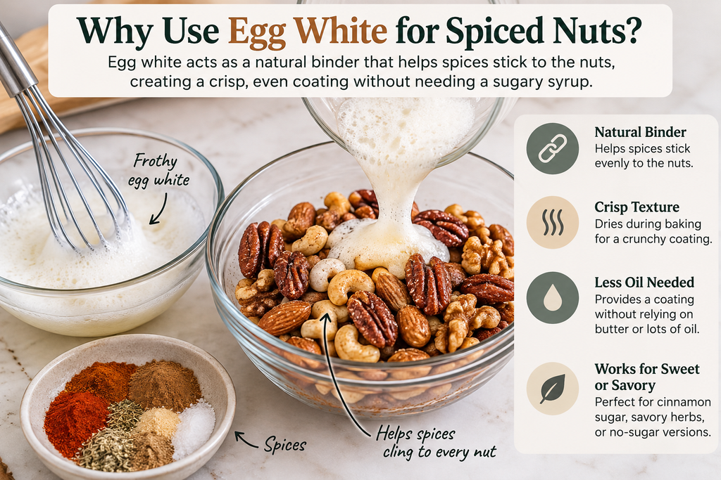 Frothy egg white being poured over mixed nuts to help spices stick and create a crisp coating.
