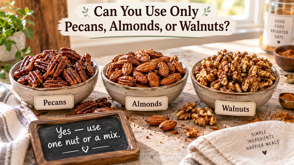 Bowls of spiced pecans, almonds, and walnuts showing that any single nut can be used for the recipe.