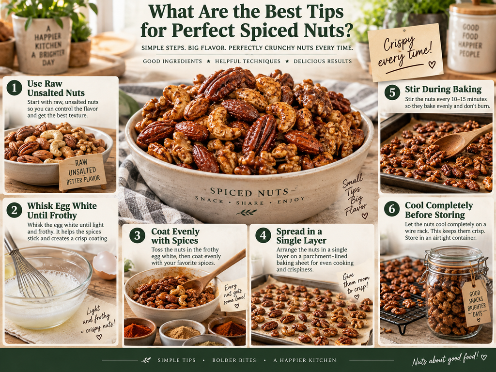 Tips for perfect spiced nuts, including using raw unsalted nuts, frothy egg white, even seasoning, single-layer baking, stirring, and cooling completely.