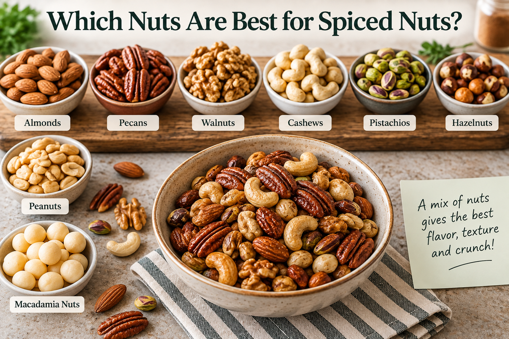 Mixed spiced nuts with almonds, pecans, walnuts, cashews, pistachios, hazelnuts, peanuts, and macadamia nuts.