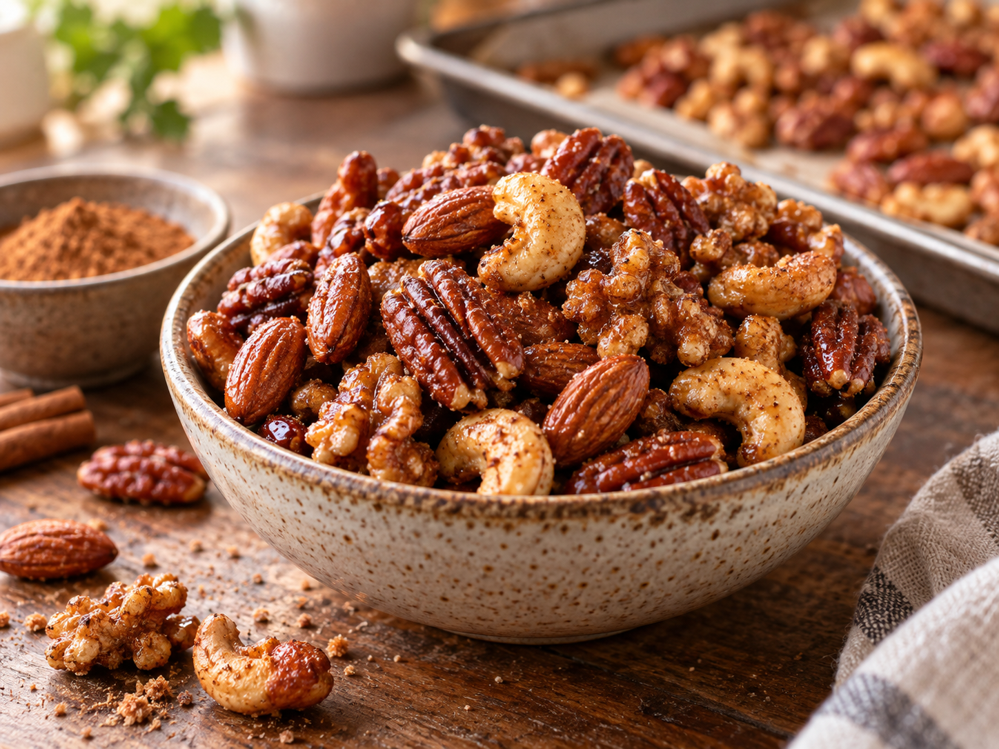 Crispy spiced mixed nuts with almonds, pecans, walnuts, and cashews coated with egg white and warm spices.