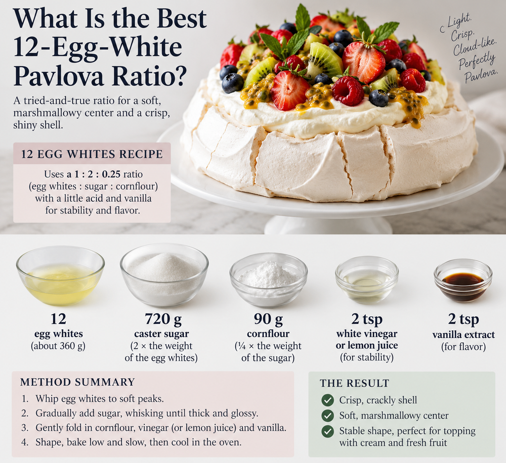 12-egg-white pavlova ratio with caster sugar, cornflour, vinegar, and vanilla for a crisp shell and soft center.