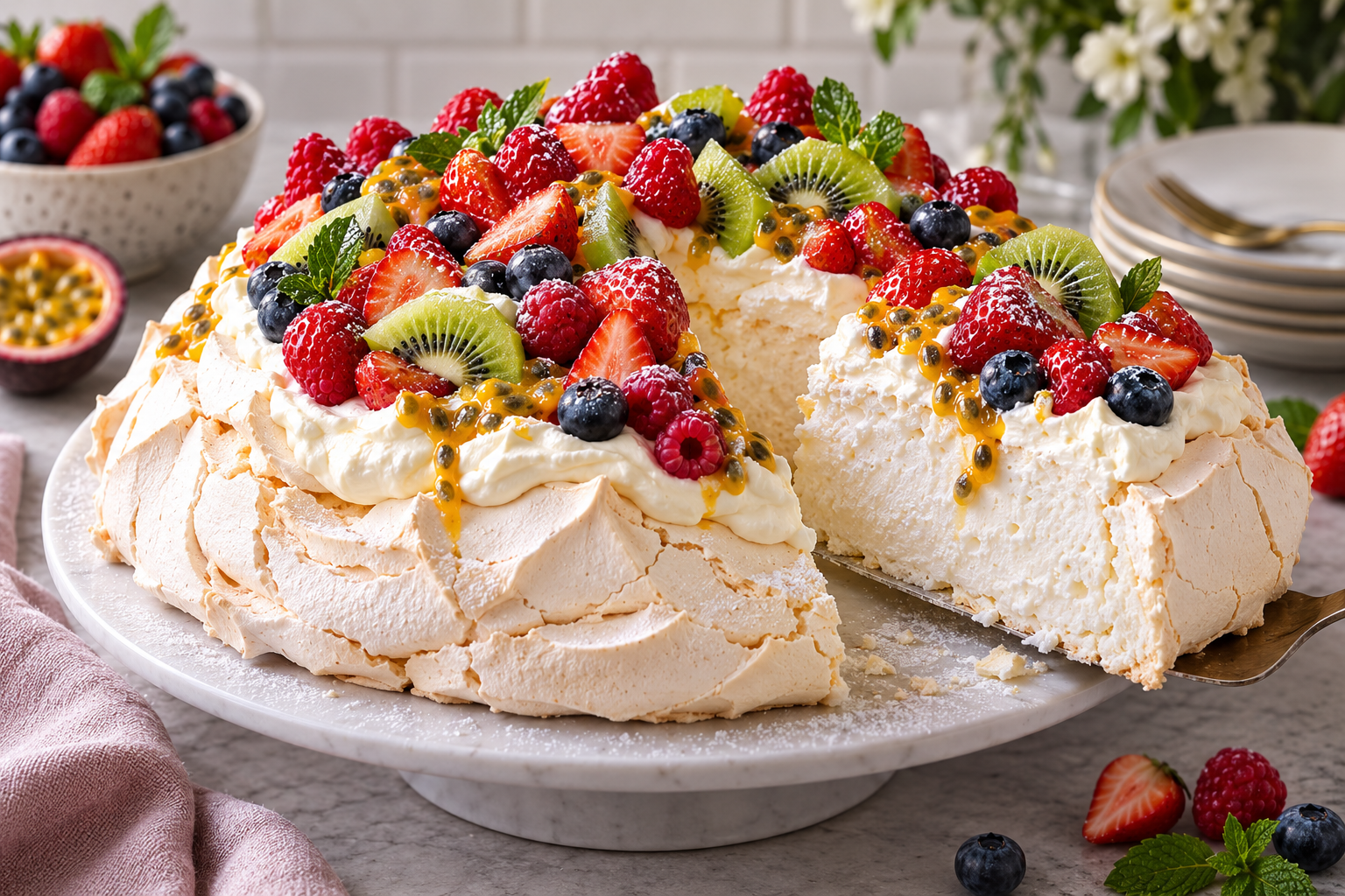 Pavlova recipe with 12 egg whites topped with whipped cream, strawberries, kiwi, blueberries, raspberries, and passion fruit.