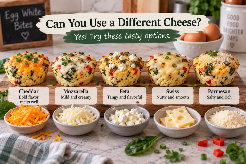 : Egg white bites made with different cheeses including cheddar, mozzarella, feta, Swiss, and Parmesan