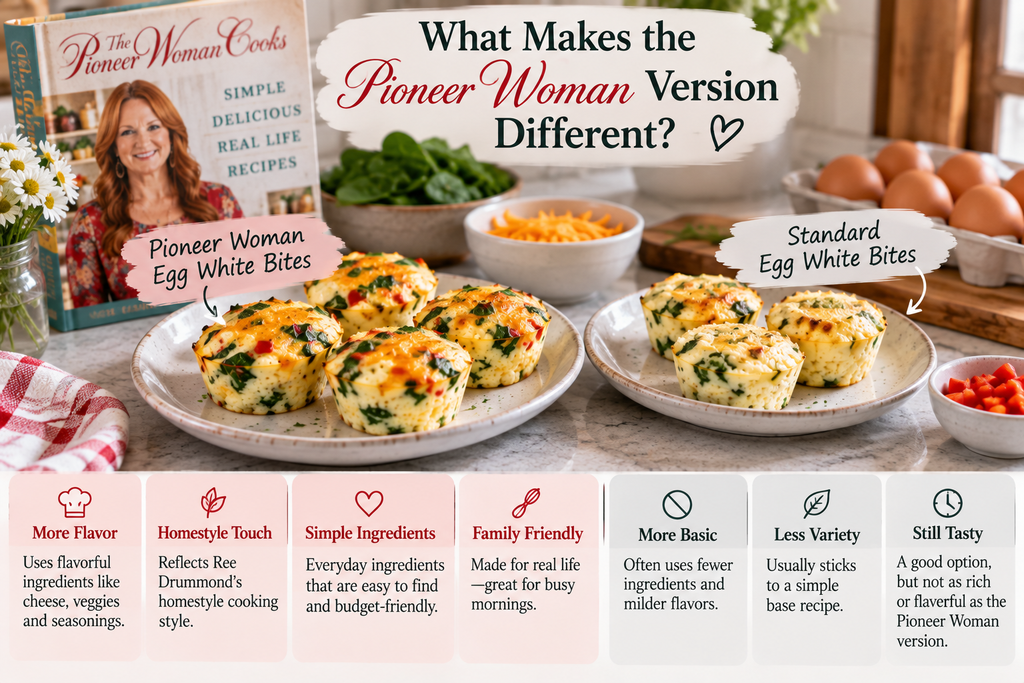Pioneer Woman egg white bites compared with standard egg white bites, showing differences in ingredients, flavor, and homestyle style