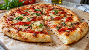 Egg white pizza crust topped with mozzarella, roasted red peppers, and fresh basil.