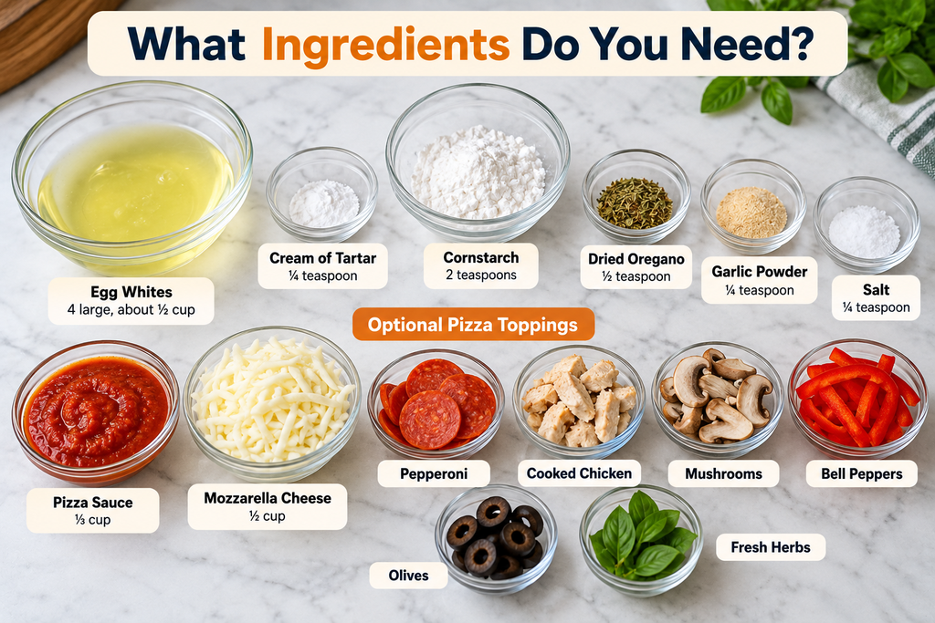 Ingredients for egg white pizza crust, including egg whites, cream of tartar, cornstarch, oregano, garlic powder, salt, sauce, mozzarella, and optional toppings.