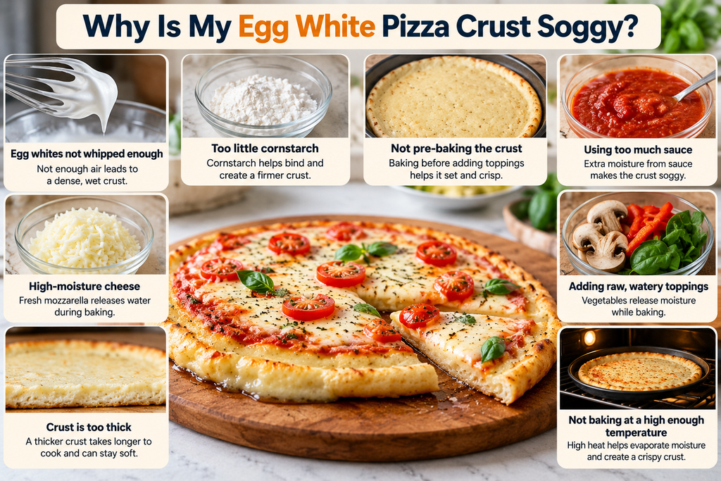 Reasons egg white pizza crust turns soggy, including excess sauce, watery toppings, high-moisture cheese, and insufficient prebaking.