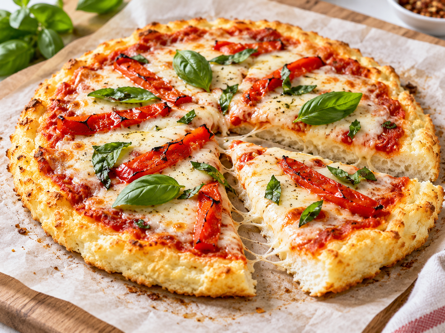 Egg white pizza crust with mozzarella, roasted red peppers, and fresh basil