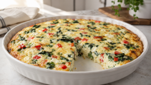 Easy egg white quiche with spinach, red bell peppers, onion, and cheese