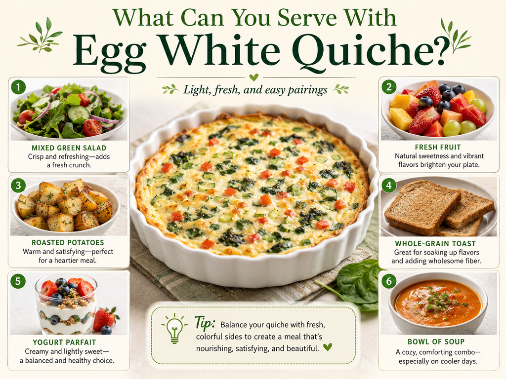 Egg white quiche served with mixed green salad, fresh fruit, roasted potatoes, whole-grain toast, yogurt parfait, and soup.