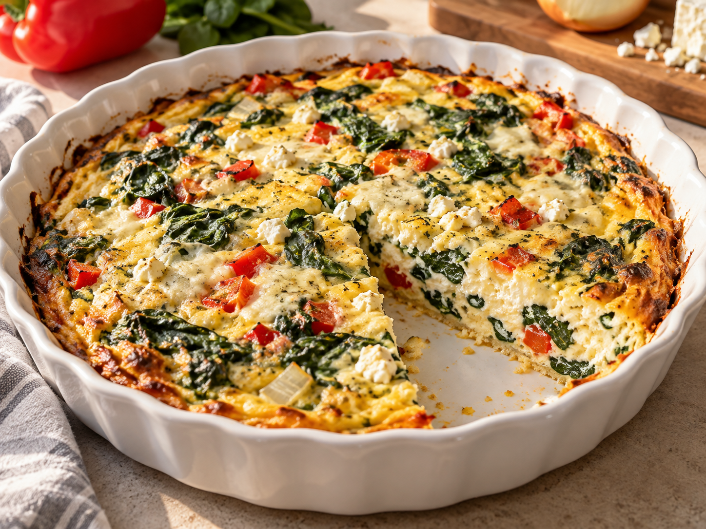 Easy egg white quiche with spinach, red bell pepper, onion, feta, and mozzarella
