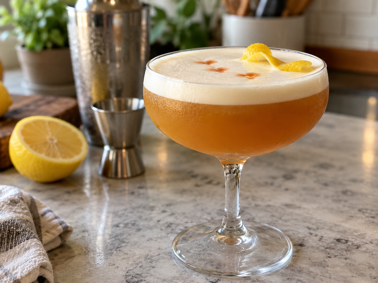 Bourbon Sour Recipe With Egg White topped with creamy foam, aromatic bitters, and a fresh lemon twist in a coupe glass.