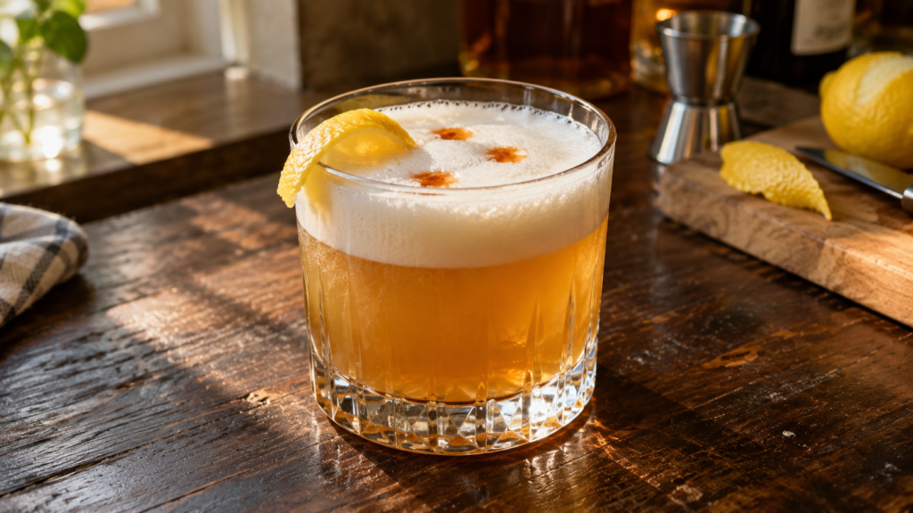 Bourbon sour recipe with egg white featuring a golden whiskey cocktail topped with creamy foam, aromatic bitters, and a lemon twist.