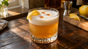 Bourbon sour recipe with egg white featuring a golden whiskey cocktail topped with creamy foam, aromatic bitters, and a lemon twist.