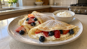 Egg white crepes filled with strawberries, blueberries, and creamy yogurt filling