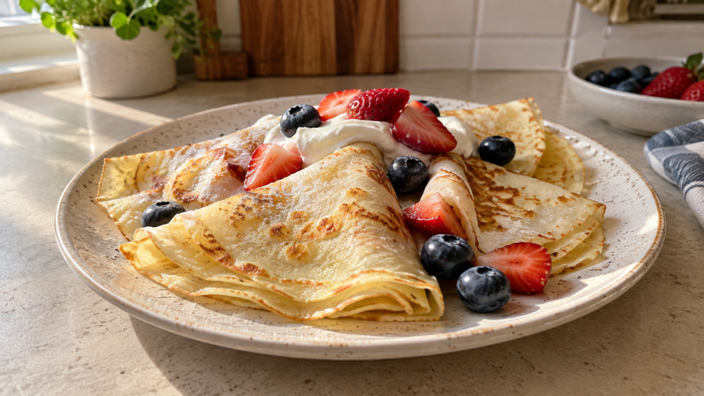 Thin egg white crepes folded with strawberries, blueberries, and creamy yogurt topping