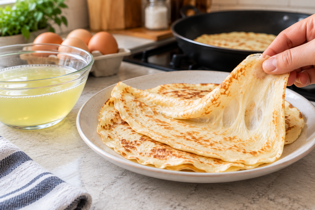 Rubbery egg white crepe being lifted from a plate to show its chewy, elastic texture