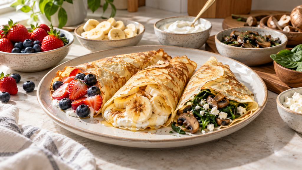 Egg white crepes with berry yogurt, banana, and spinach mushroom cheese fillings