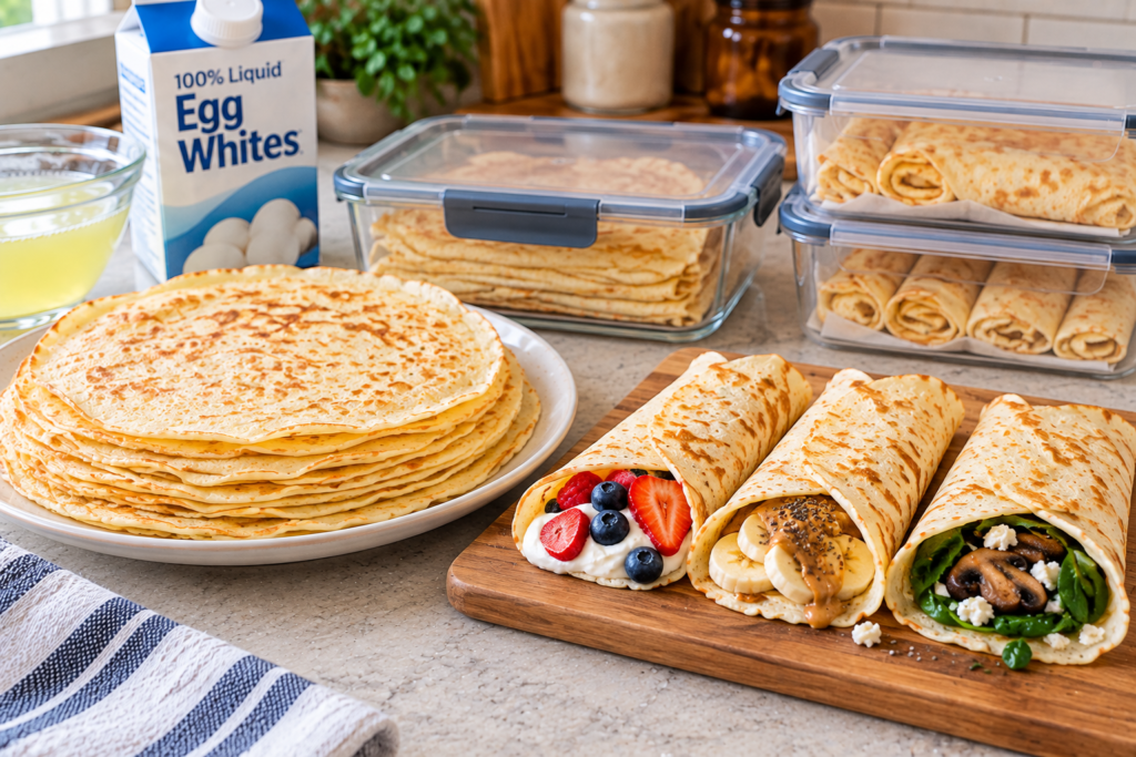 Egg white crepes prepared ahead of time and stored in containers with sweet and savory fillings