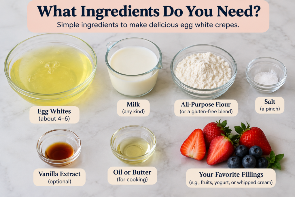 Egg white crepe ingredients including egg whites, milk, flour, salt, vanilla, oil, and fresh berries