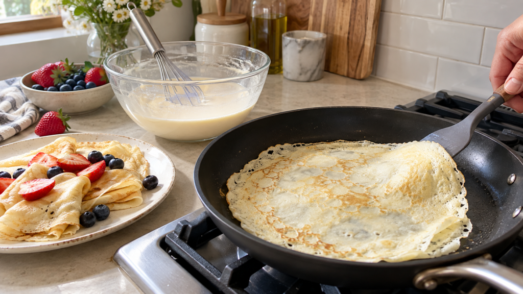 Egg white crepe cooking in a skillet with batter, fresh berries, and finished crepes nearby