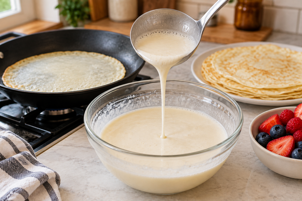 Thin egg white crepe batter dripping from a ladle beside a skillet and finished crepes