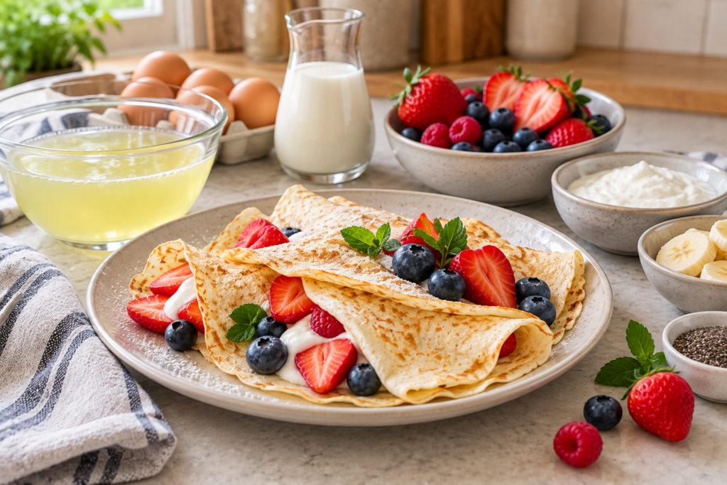Healthy egg white crepes filled with yogurt and fresh strawberries, blueberries, and raspberries