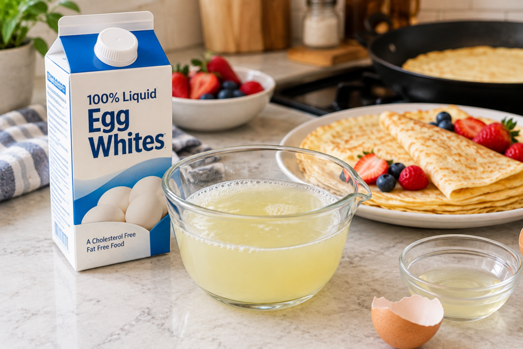 Carton egg whites beside a bowl of liquid egg whites, fresh berries, and finished egg white crepes