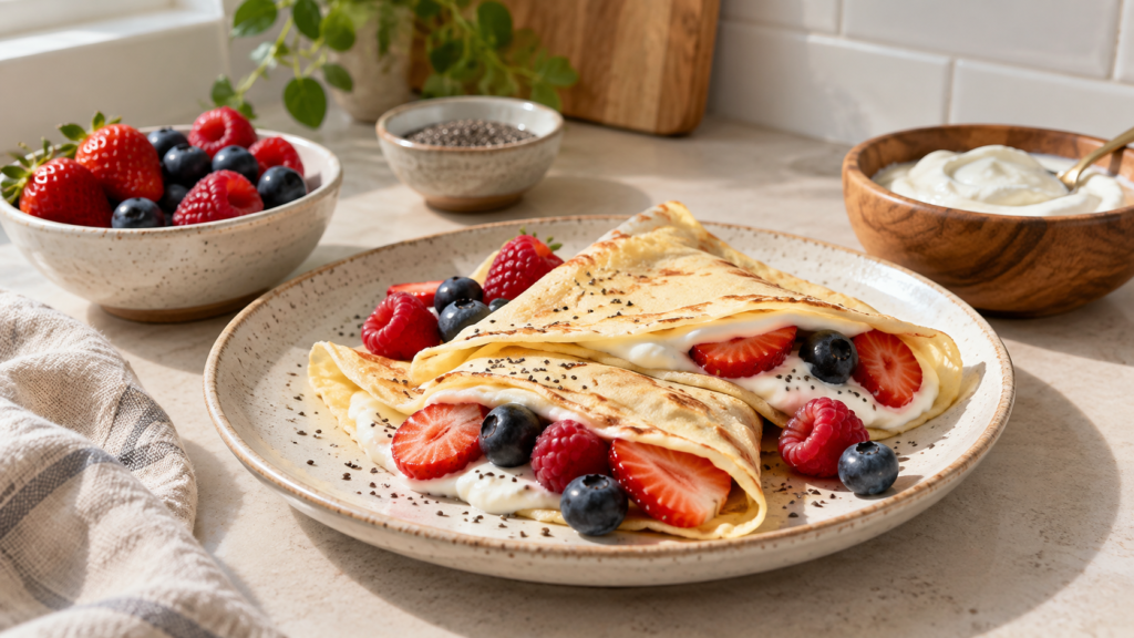 Egg white crepes filled with Greek yogurt and fresh berries for a light high-protein breakfast