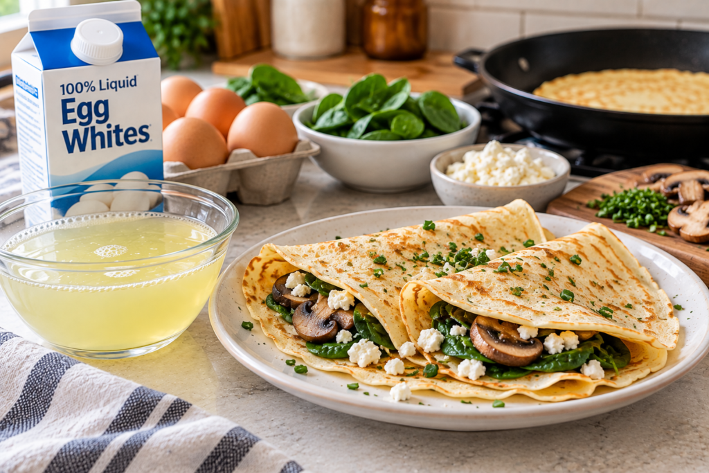 Keto egg white crepes filled with spinach, mushrooms, and cheese beside liquid egg whites