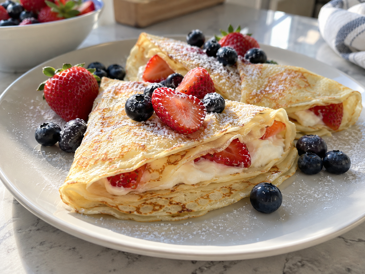 Egg white crepes filled with cream and topped with strawberries and blueberries.
