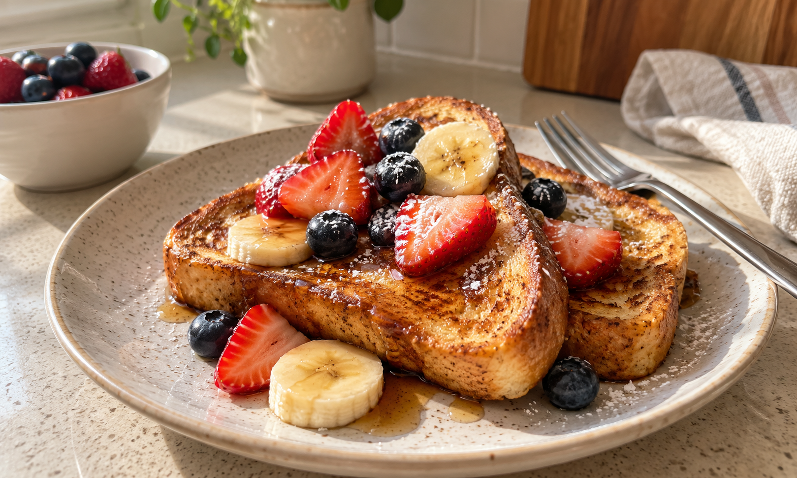 Egg white French toast topped with strawberries, blueberries, banana slices, and maple syrup.