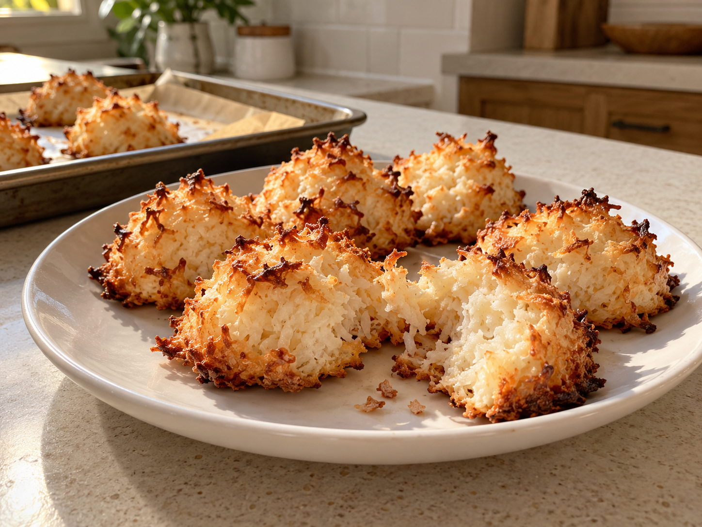 Homemade coconut macaroons made with egg whites with golden toasted edges and a soft chewy center