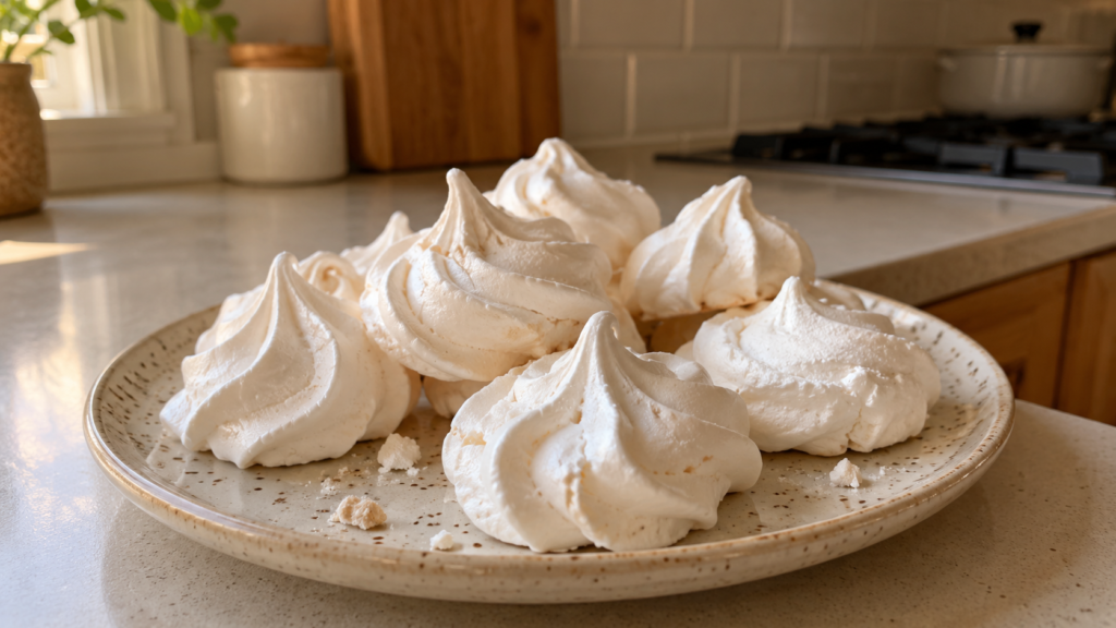 Homemade white meringue cookies made with sugar and egg whites, served on a ceramic plate.